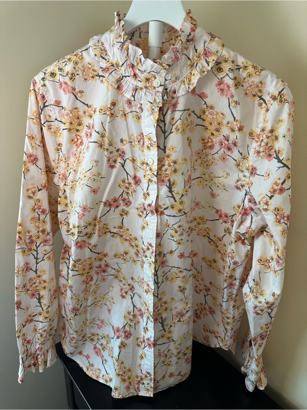 J Crew Cherry Blossom Liberty Print Ruffle Collar Button-Up Blouse Sz 18
